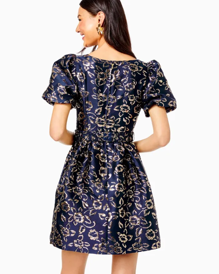 Dresses Women Lilly Pulitzer Kasslyn Dress Low Tide Navy Gold Puff Floral Brocade