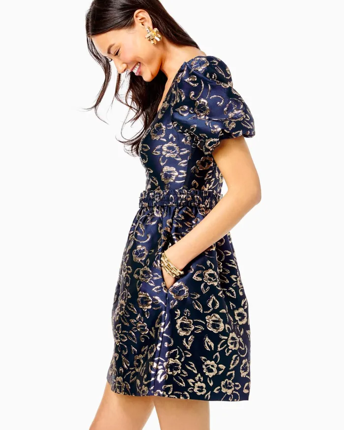 Dresses Women Lilly Pulitzer Kasslyn Dress Low Tide Navy Gold Puff Floral Brocade Dresses Women Lilly Pulitzer Kasslyn Dress Low Tide Navy Gold Puff Floral Brocade