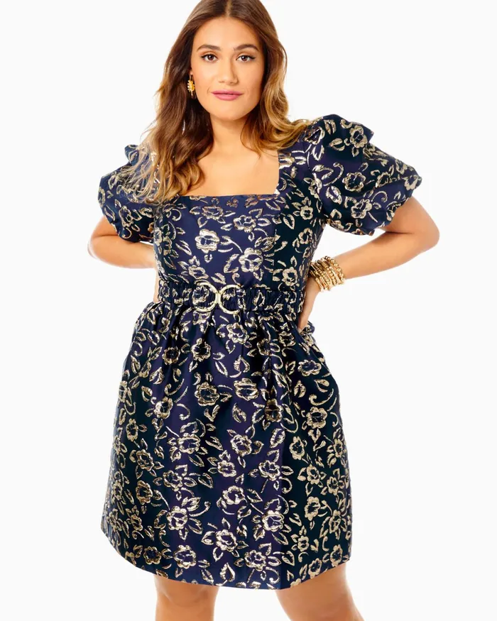 Dresses Women Lilly Pulitzer Kasslyn Dress Low Tide Navy Gold Puff Floral Brocade Dresses Women Lilly Pulitzer Kasslyn Dress Low Tide Navy Gold Puff Floral Brocade