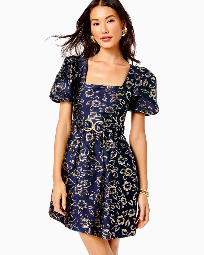Dresses Women Lilly Pulitzer Kasslyn Dress Low Tide Navy Gold Puff Floral Brocade Dresses Women Lilly Pulitzer Kasslyn Dress Low Tide Navy Gold Puff Floral Brocade