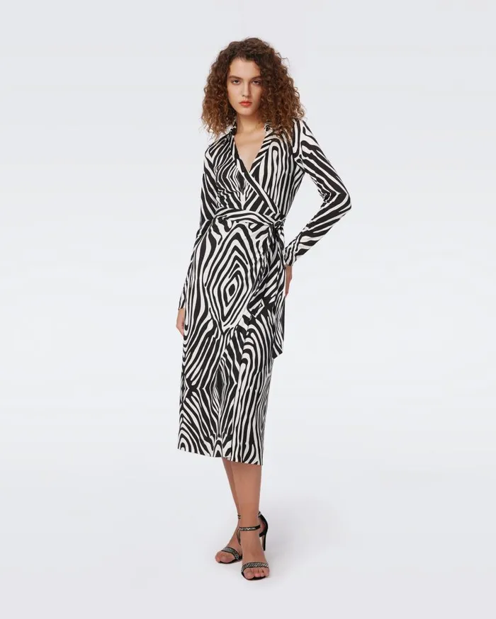 DVF Dresses Women Abigail Silk Jersey Long Sleeve Midi Wrap Dress Huge Zebra Ivory