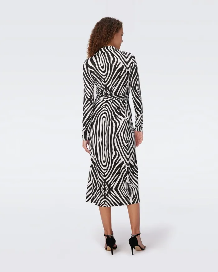 DVF Dresses Women Abigail Silk Jersey Long Sleeve Midi Wrap Dress Huge Zebra Ivory