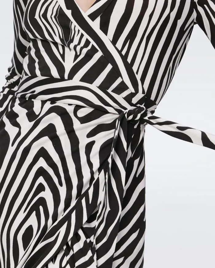 DVF Dresses Women Abigail Silk Jersey Long Sleeve Midi Wrap Dress Huge Zebra Ivory
