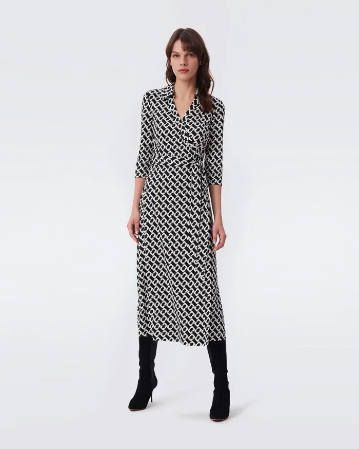 DVF Dresses Women Abigail Silk Jersey Midi Wrap Dress Chain Link Medium Black