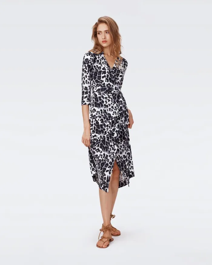 DVF Dresses Women Abigail Silk Jersey Midi Wrap Dress Heritage Snow Cheetah