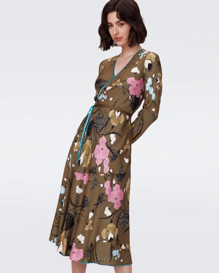 DVF Dresses Women Anika Reversible Dress Festival Floral Teal And Olive