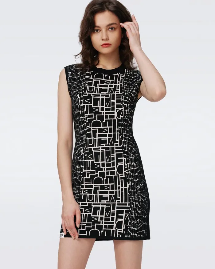 DVF Dresses Women Aviva Knit Jacquard Reversible Dress Dvf Logo And Leopard Black And Ivory