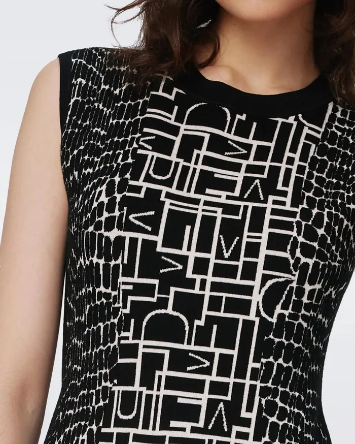 DVF Dresses Women Aviva Knit Jacquard Reversible Dress Dvf Logo And Leopard Black And Ivory