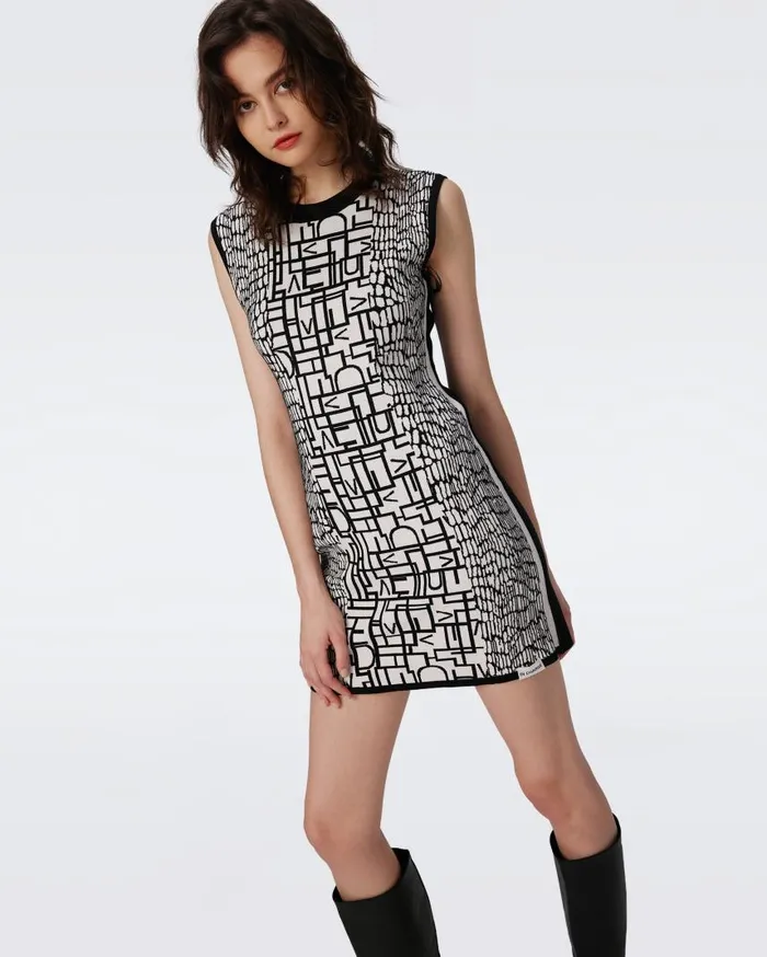 DVF Dresses Women Aviva Knit Jacquard Reversible Dress Dvf Logo And Leopard Black And Ivory