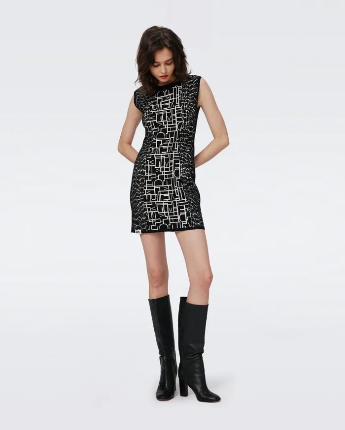 DVF Dresses Women Aviva Knit Jacquard Reversible Dress Dvf Logo And Leopard Black And Ivory