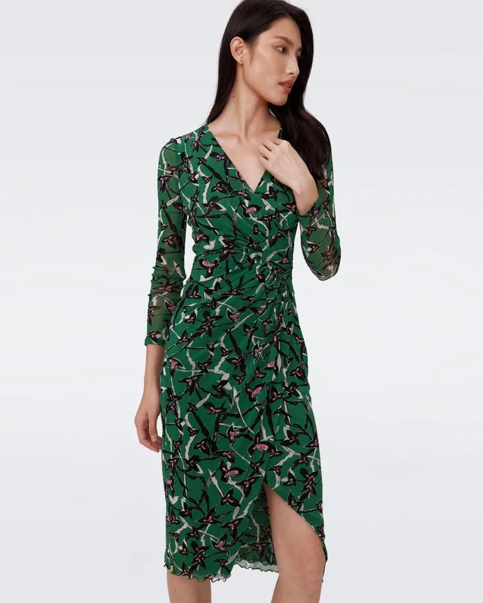 DVF Dresses Women Charlotte Mesh Dress Clover Twigs Green