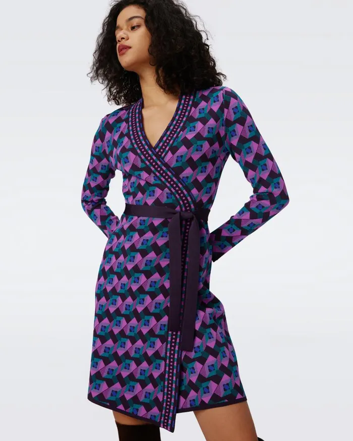 DVF Dresses Women Edwina Knit Jacquard Wrap Dress Stage Boss Pink