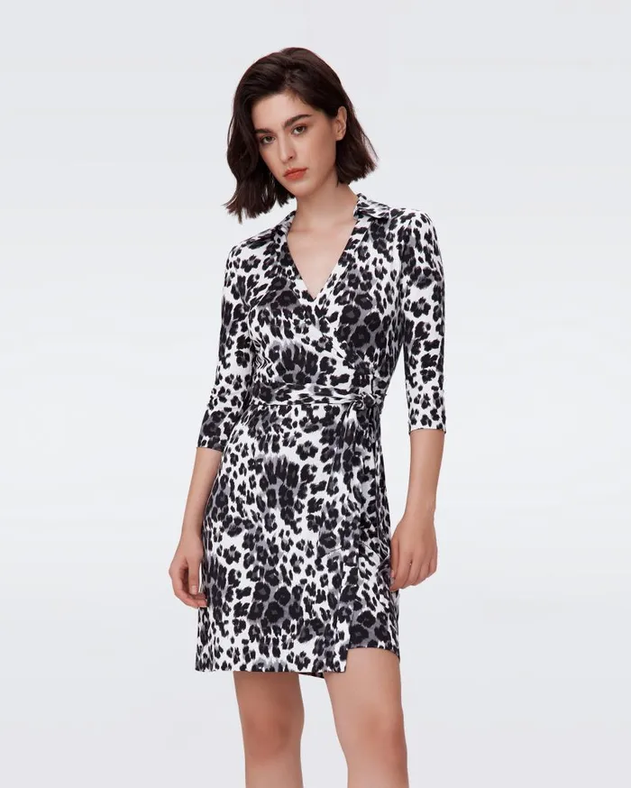 DVF Dresses Women Jeanne Silk Jersey Wrap Dress Heritage Snow Cheetah