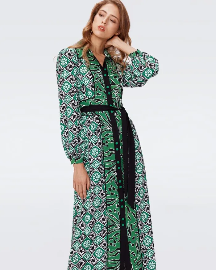 DVF Dresses Women Joshua Dress Paper Cut Geo And Huge Water Tiger Green