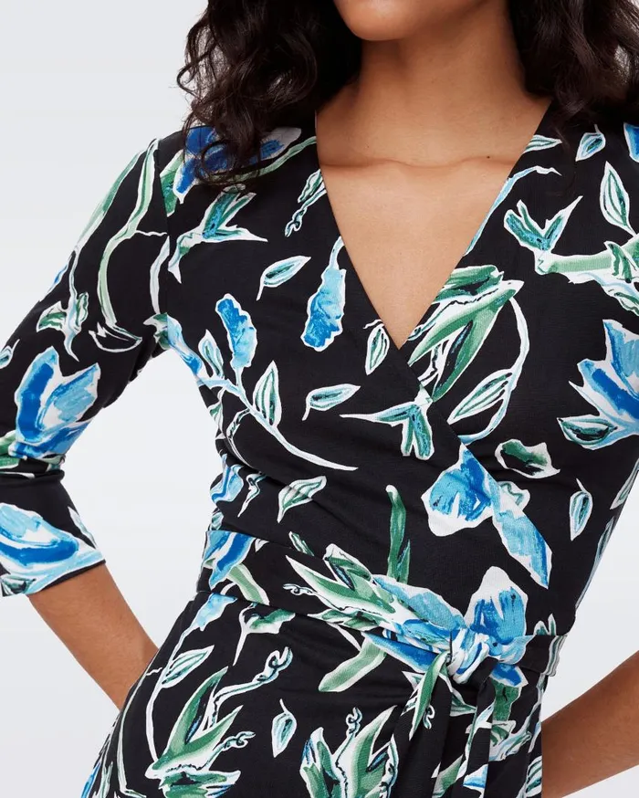 DVF Dresses Women Julian Silk Jersey Wrap Dress Huge Tulip Fields Blue