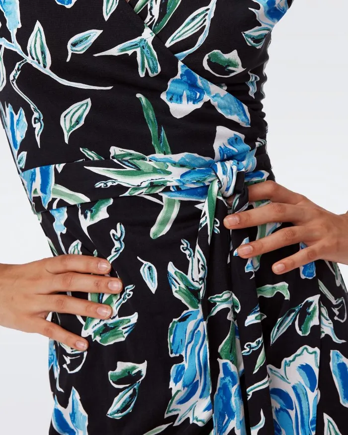 DVF Dresses Women Julian Silk Jersey Wrap Dress Huge Tulip Fields Blue