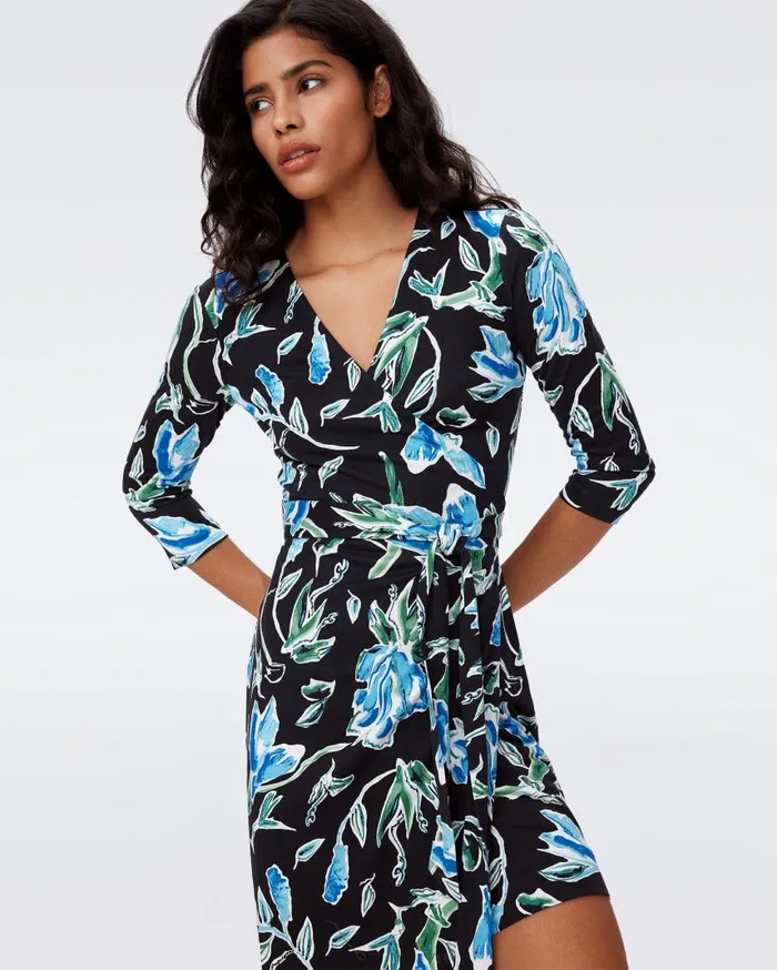 DVF Dresses Women Julian Silk Jersey Wrap Dress Huge Tulip Fields Blue