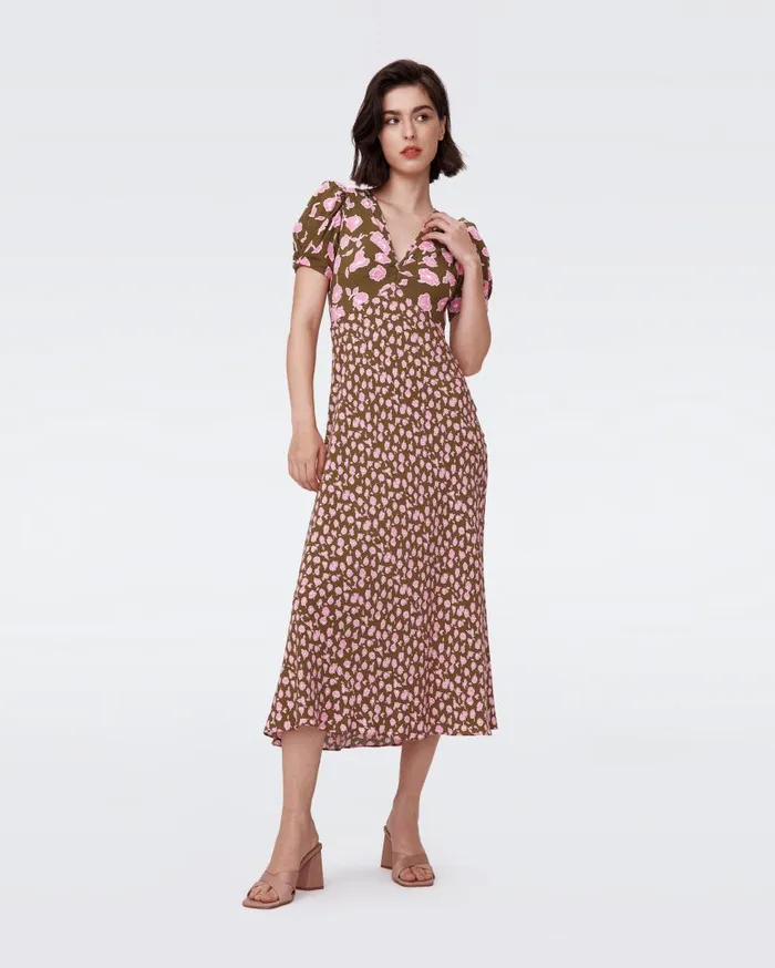 DVF Dresses Women Margeaux Dress Huge And Tiny Rose Showers Khaki