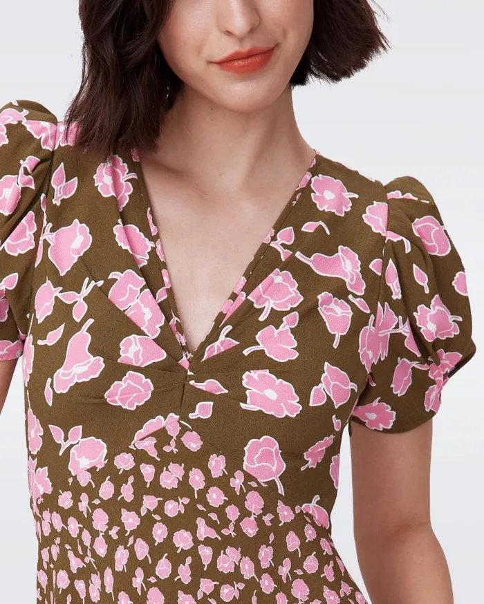 DVF Dresses Women Margeaux Dress Huge And Tiny Rose Showers Khaki