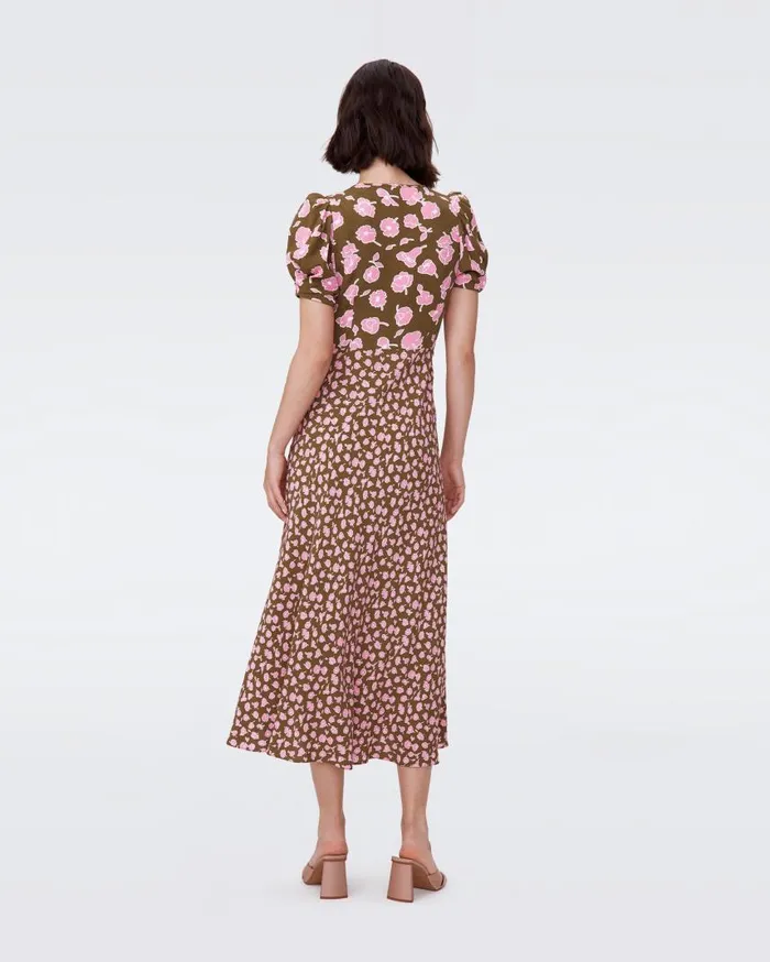 DVF Dresses Women Margeaux Dress Huge And Tiny Rose Showers Khaki