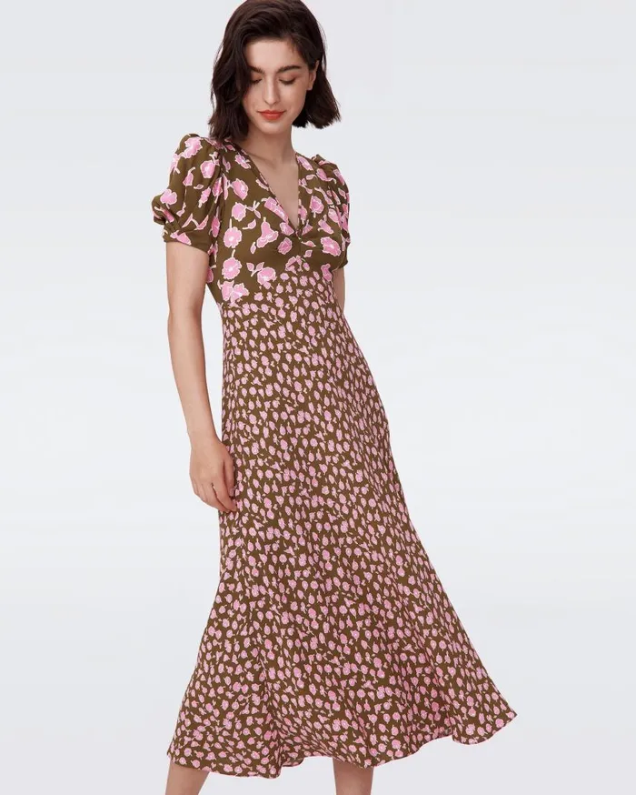 DVF Dresses Women Margeaux Dress Huge And Tiny Rose Showers Khaki