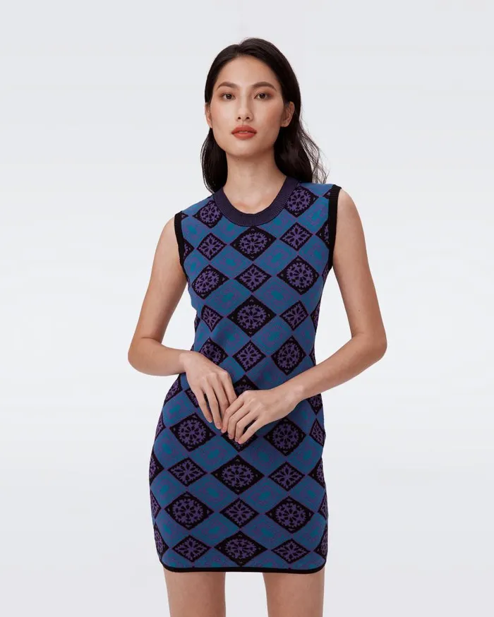DVF Dresses Women Mylo Knit Jacquard Dress Paper Cut Geo Blue