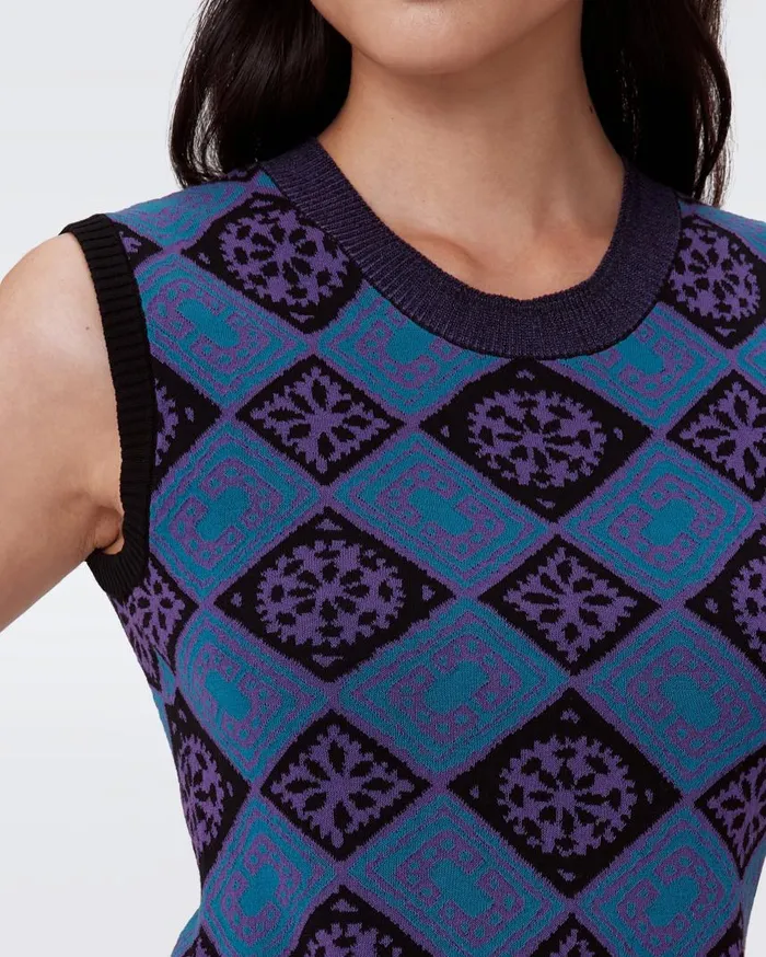 DVF Dresses Women Mylo Knit Jacquard Dress Paper Cut Geo Blue
