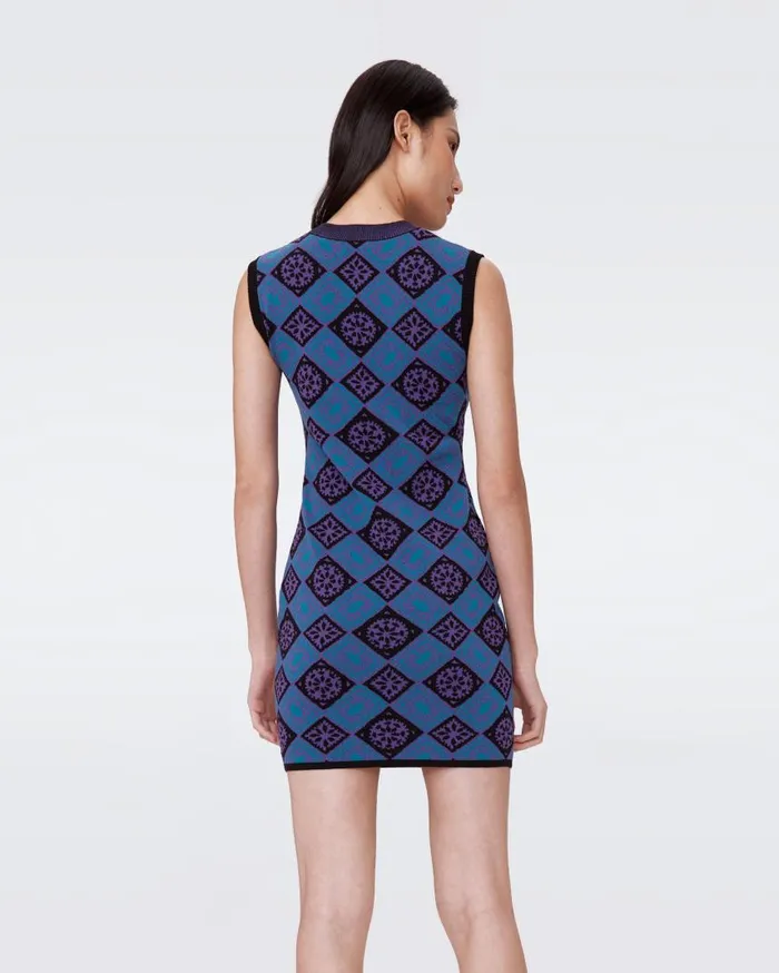 DVF Dresses Women Mylo Knit Jacquard Dress Paper Cut Geo Blue