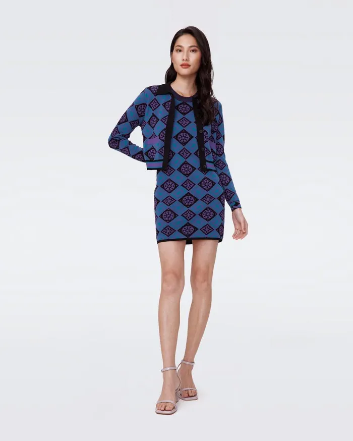 DVF Dresses Women Mylo Knit Jacquard Dress Paper Cut Geo Blue