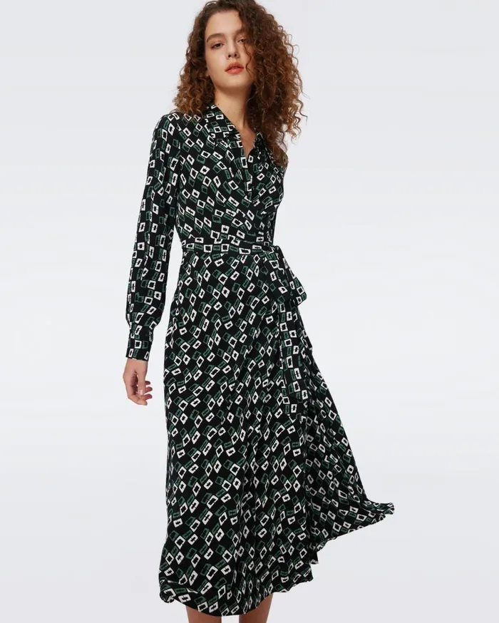 DVF Dresses Women Tori Wrap Dress Tiny Chain Spots Black