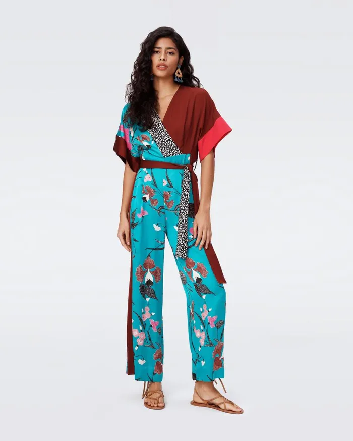 DVF Jumpsuits and Rompers Women Rinna Jumpsuit Festvial Floral Teal And Chestnut