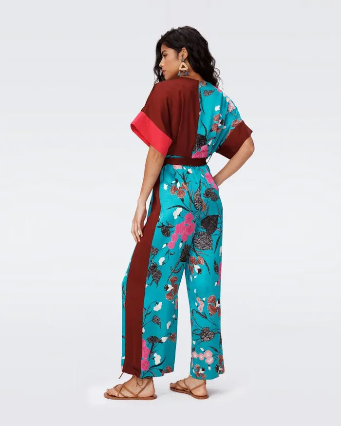 DVF Jumpsuits and Rompers Women Rinna Jumpsuit Festvial Floral Teal And Chestnut