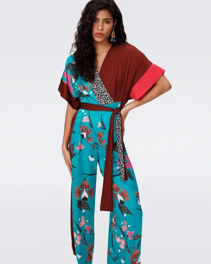 DVF Jumpsuits and Rompers Women Rinna Jumpsuit Festvial Floral Teal And Chestnut