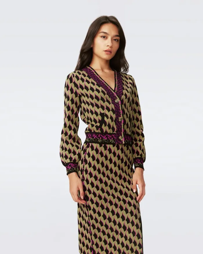 DVF Sweaters and Knits Women Bryant Knit Jacquard Cardigan Bird Weave Misty Green
