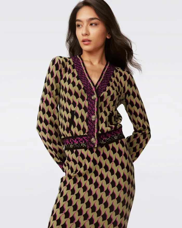 DVF Sweaters and Knits Women Bryant Knit Jacquard Cardigan Bird Weave Misty Green