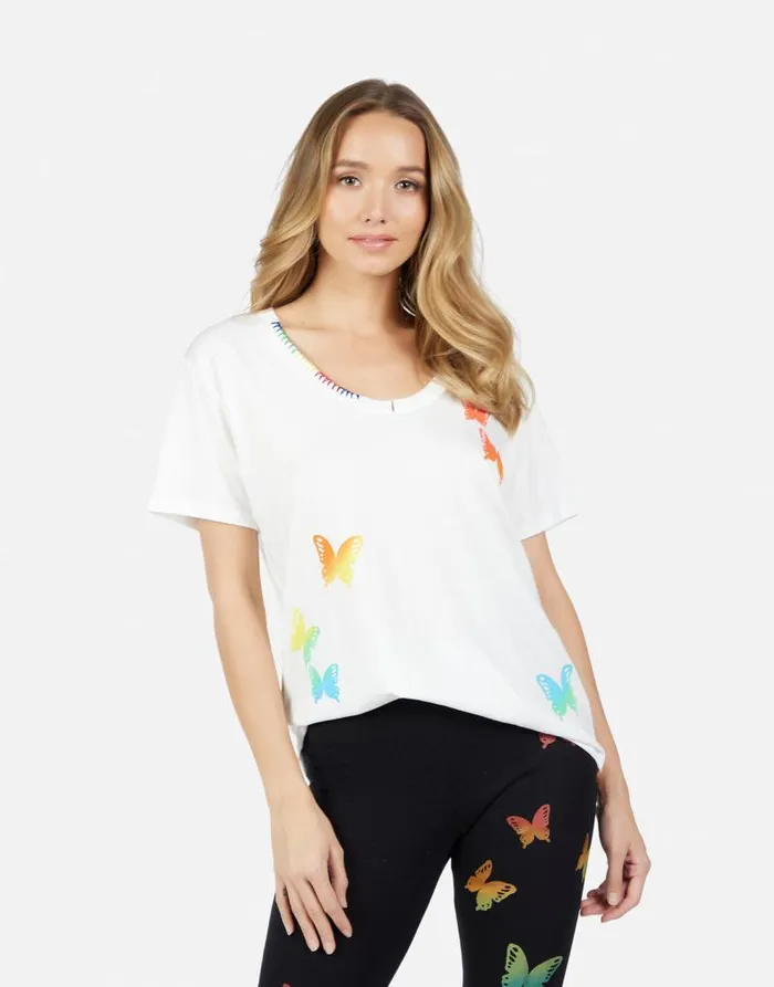 Elara Rainbow Butterflies White Women Lauren Moshi Short Sleeve