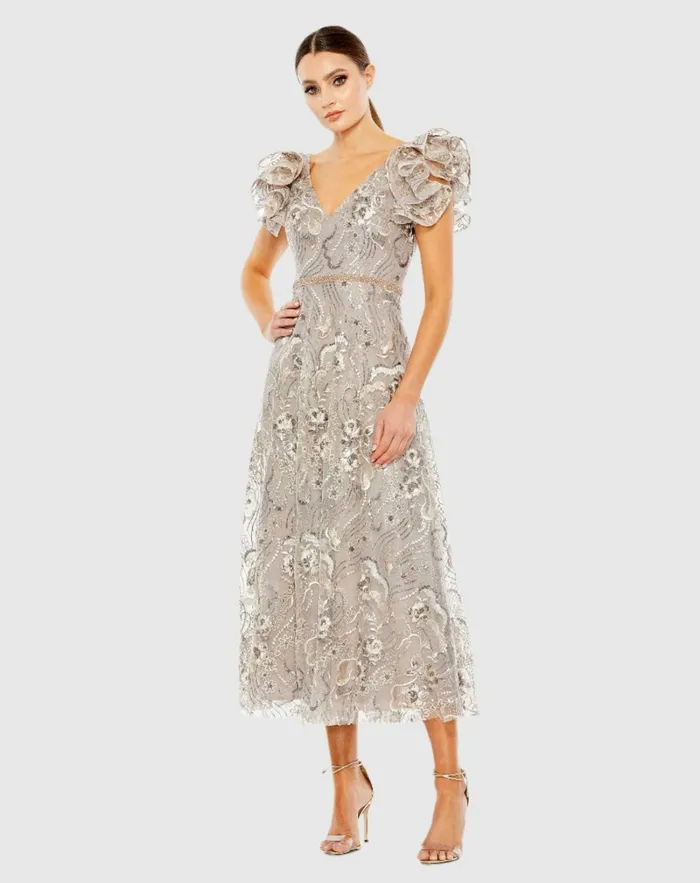 Embellished Ruffled Cap Sleeve A Line Dress Champagne Cocktail Dresses Mac Duggal Women