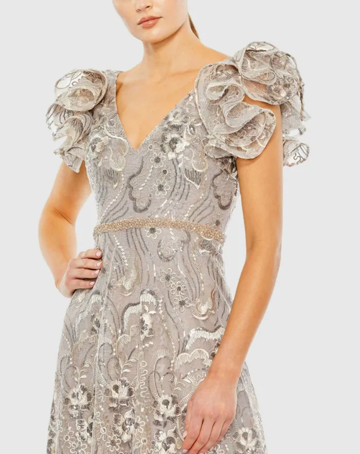 Embellished Ruffled Cap Sleeve A Line Dress Champagne Cocktail Dresses Mac Duggal Women Embellished Ruffled Cap Sleeve A Line Dress Champagne Cocktail Dresses Mac Duggal Women