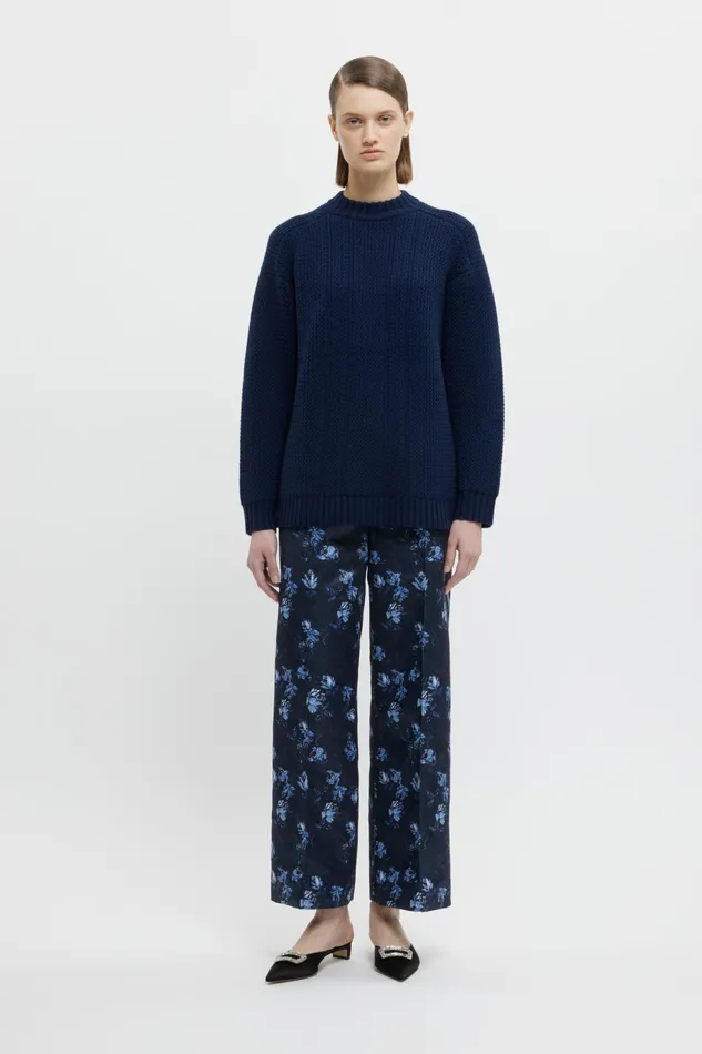 Emilia Wickstead Daffy Trousers In Ditsy Rose On Navy Taffeta Faille Women Trousers