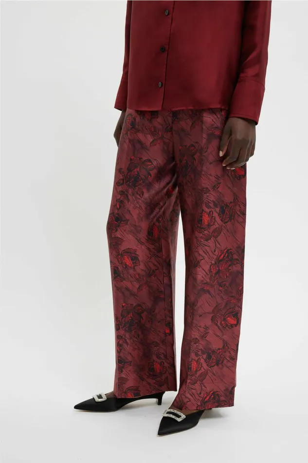 Emilia Wickstead Heqet Trousers In Red Roses On Marble Silk Twill Women Trousers Emilia Wickstead Heqet Trousers In Red Roses On Marble Silk Twill Women Trousers