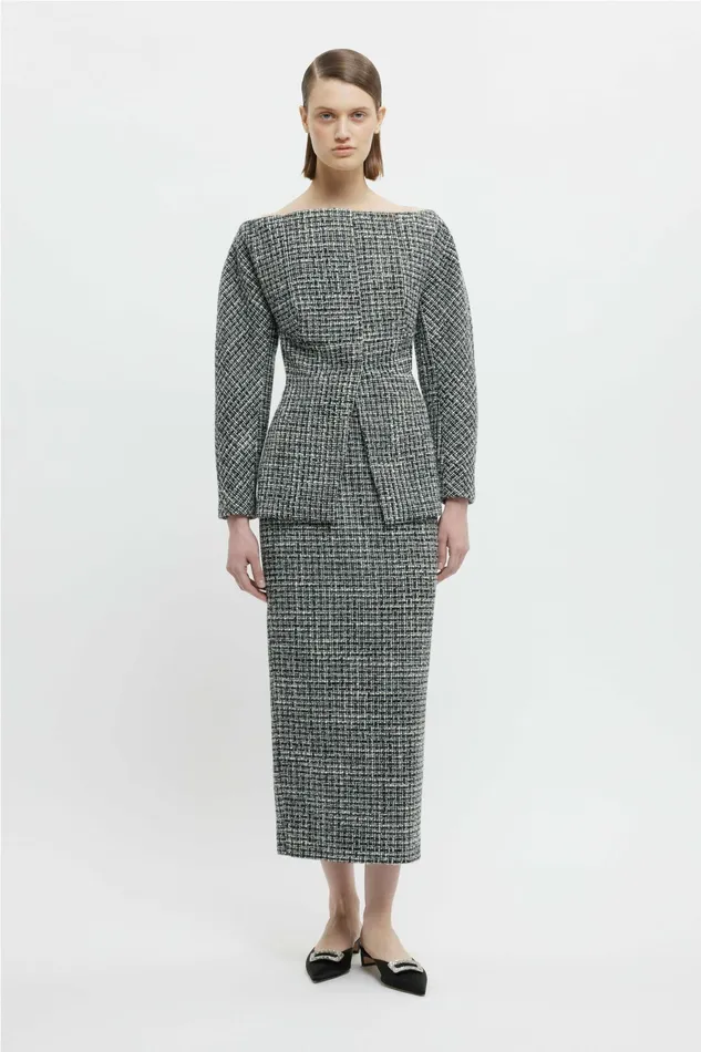 Emilia Wickstead Holden Top In Ivory and Black Boucle Tweed Women Shirts and Tops