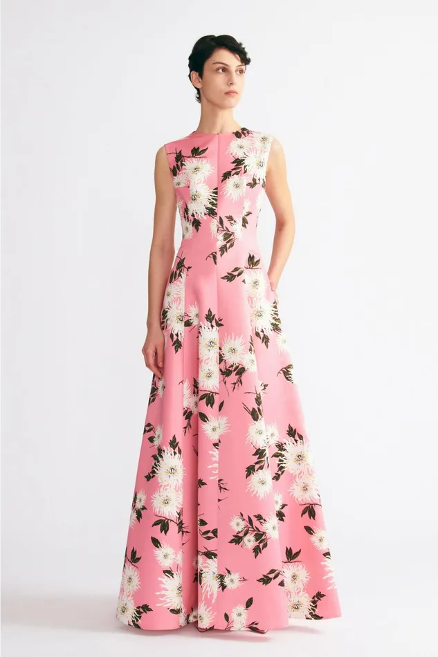 Emilia Wickstead Nodin Gown In Coral Dahlia Floral Taffeta Faille Women Gowns