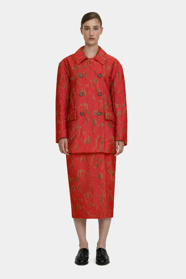 Emilia Wickstead Sophica Red On Beige Embellished Wool Jacket Women Jackets And Coats