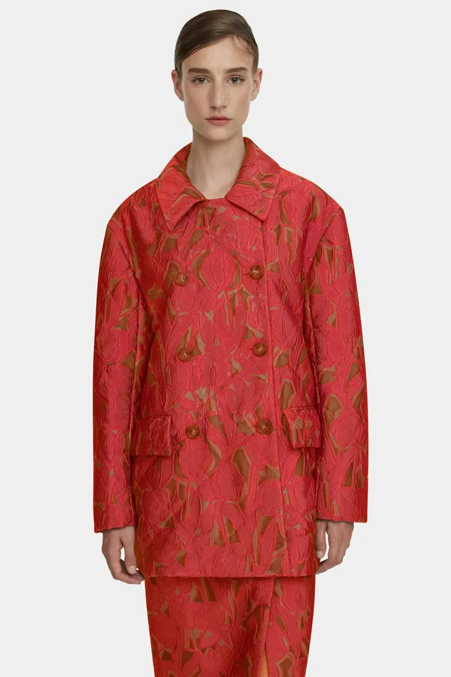 Emilia Wickstead Sophica Red On Beige Embellished Wool Jacket Women Jackets And Coats Emilia Wickstead Sophica Red On Beige Embellished Wool Jacket Women Jackets And Coats
