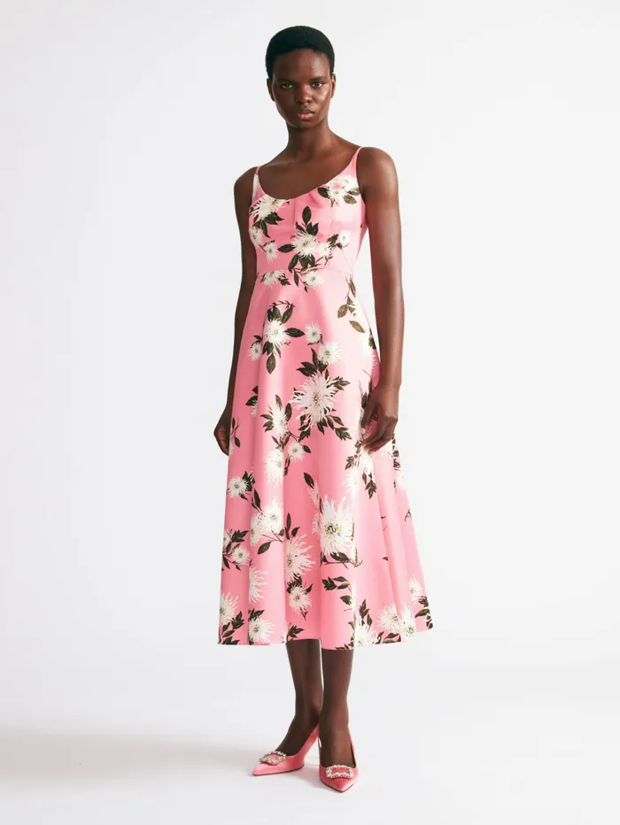 Emilia Wickstead Wenna Dress In Coral Dahlia Floral Print Taffeta Faille Women Dresses