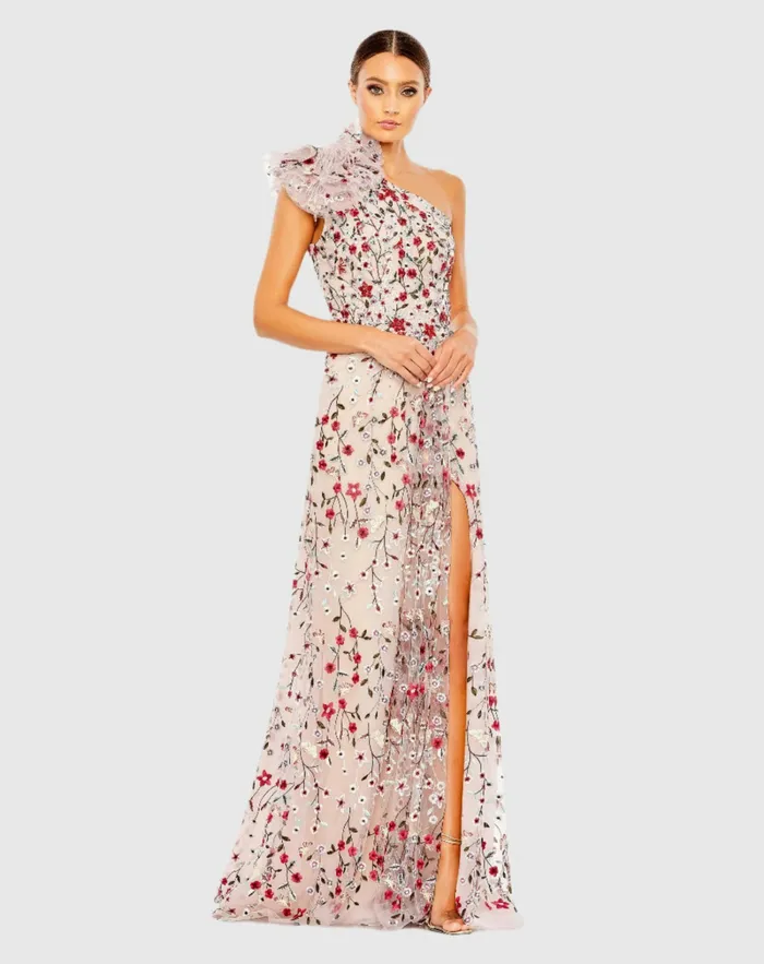 Evening Gowns Mac Duggal Women Embellished Ruffled One Shoulder A Line Gown Rose Multi