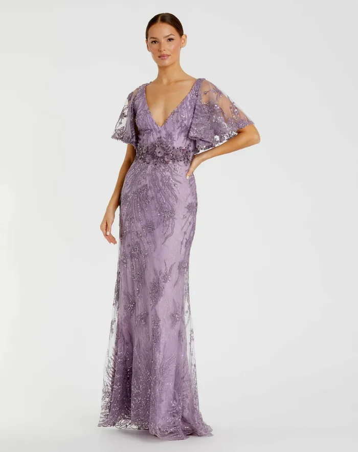 Evening Gowns Mac Duggal Women Vintage Flutter Sleeve Evening Gown Vintage Lilac