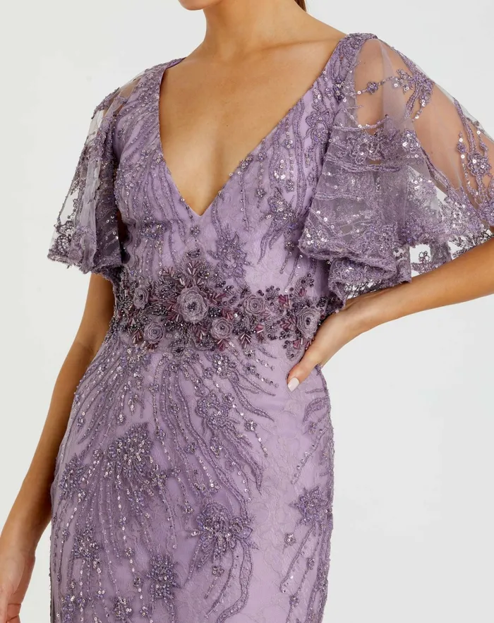 Evening Gowns Mac Duggal Women Vintage Flutter Sleeve Evening Gown Vintage Lilac