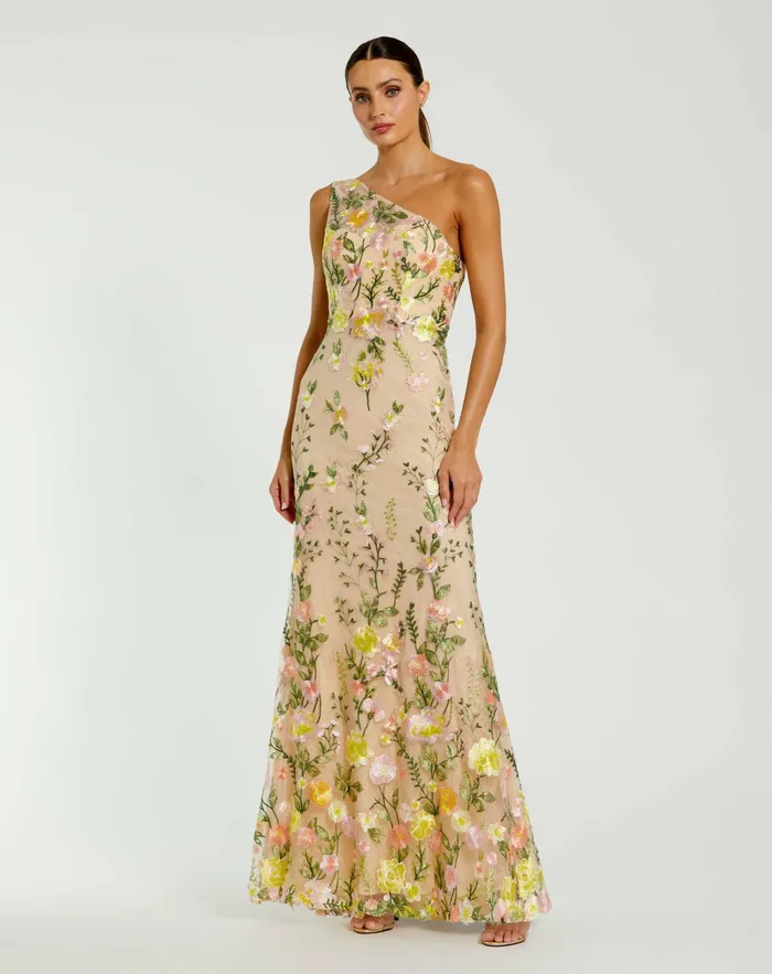 Evening Gowns One Shoulder Lace Embroidered Gown Yellow Multi 8211 Mac Duggal Women