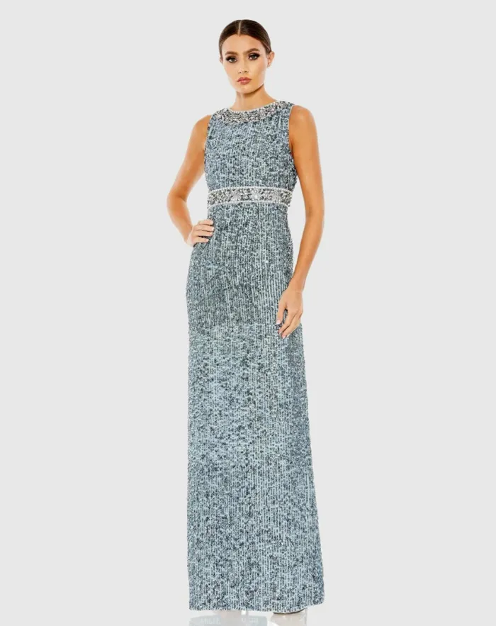 Evening Gowns Sequined Sleeveless Embellished Neckline Gown Slate Blue Mac Duggal Women